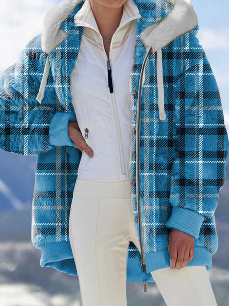 Coats Check Print Plush Zip Hoodie Coat