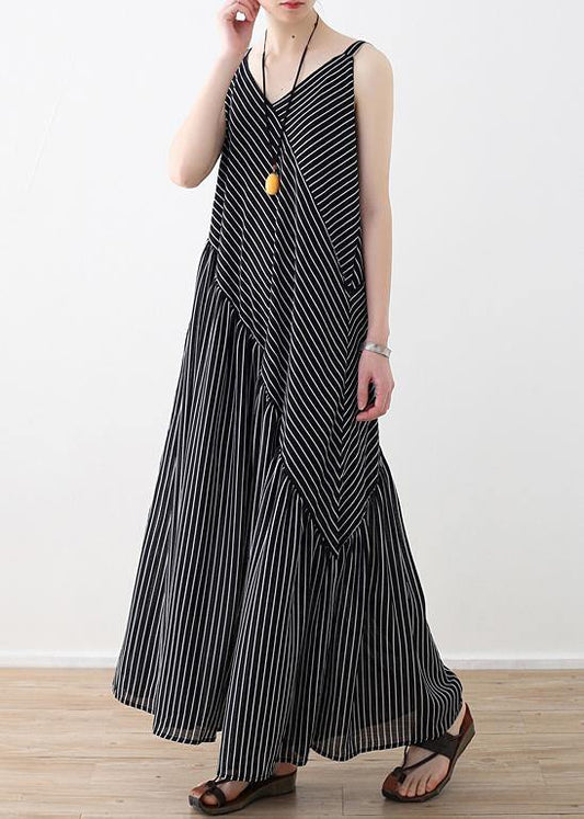 Black Striped Chiffon Clothes Outfits Spaghetti Strap Asymmetric Robe Summer Dresses