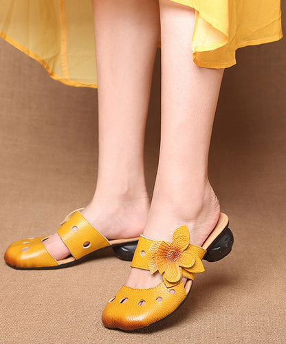 Yellow Splicing Cowhide Leather Chunky Slide Sandals