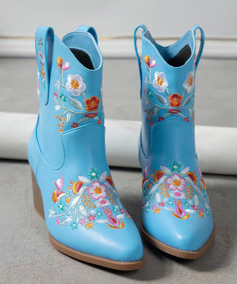 Stylish Blue Chunky Faux Leather Ankle Boots Embossed