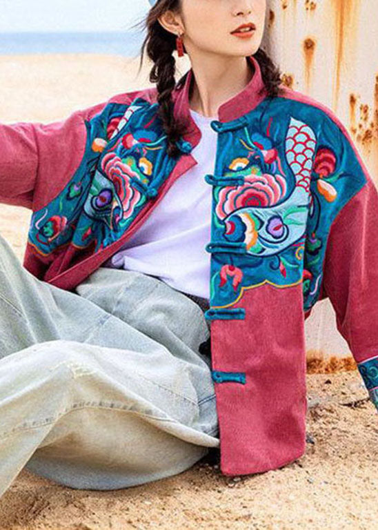 Unique Red Button Stand Collar Embroideried Corduroy Coat