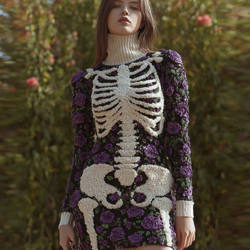 Women's Vintage Halloween Skeleton Bones With Rose Art Cozy Knit Mini Sweater Dress artswardrobe