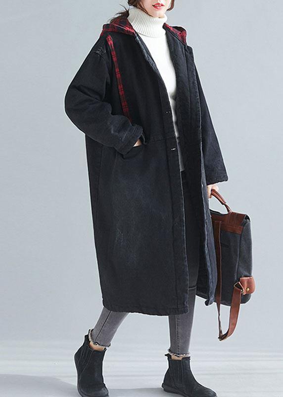 Unique Denim Black Fine Coats Inspiration Hooded Patchwork Outwears