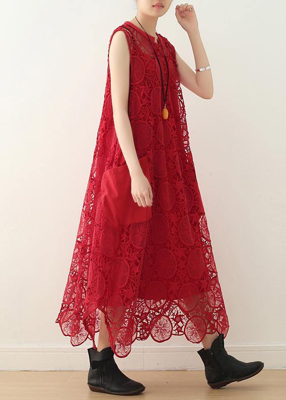 Handmade Red Hollow Out Cotton Tunics Big Pockets Summer Dresses
