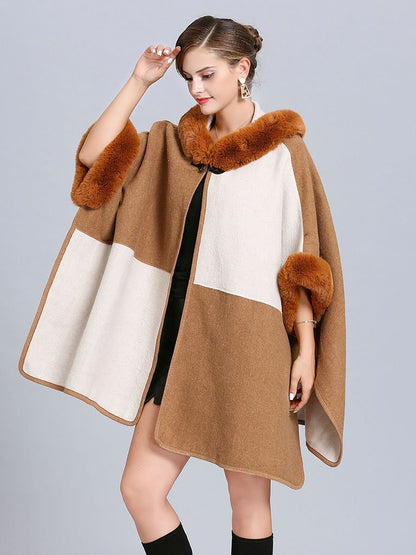 Poncho Cape Faux Fur Hooded Plaid Cape Coat