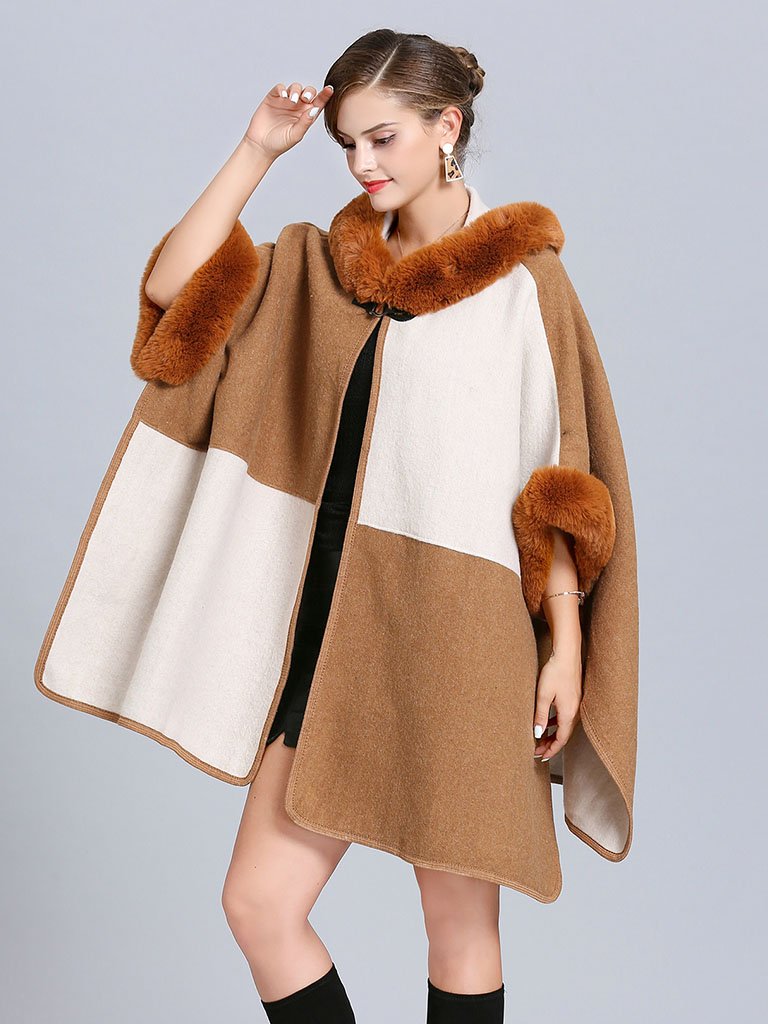 Poncho Cape Faux Fur Hooded Plaid Cape Coat