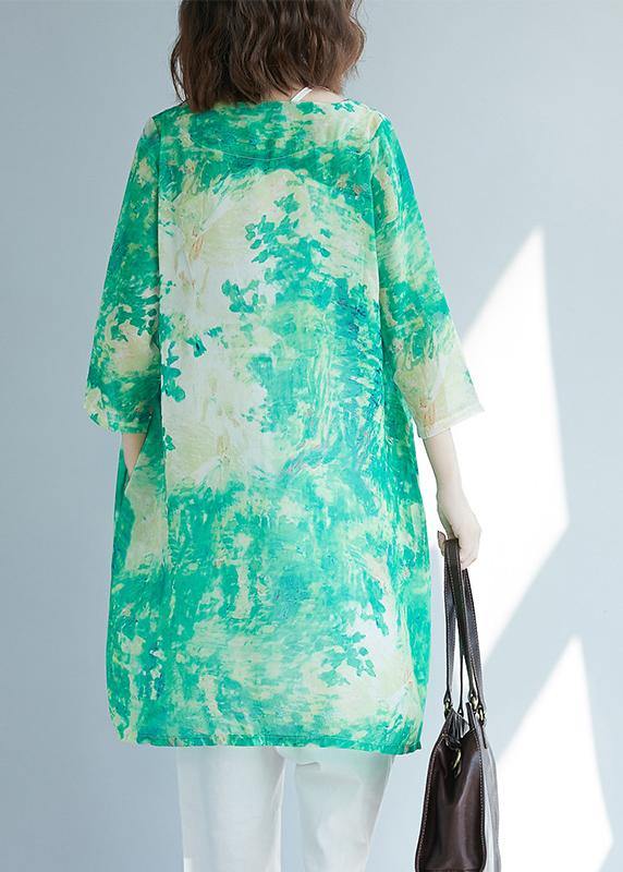 Organic Green Print Shirts V Neck Pockets Blouses