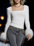 Stylish And Elegant White Knit  With Fur Trim On The Cuffs Sweater