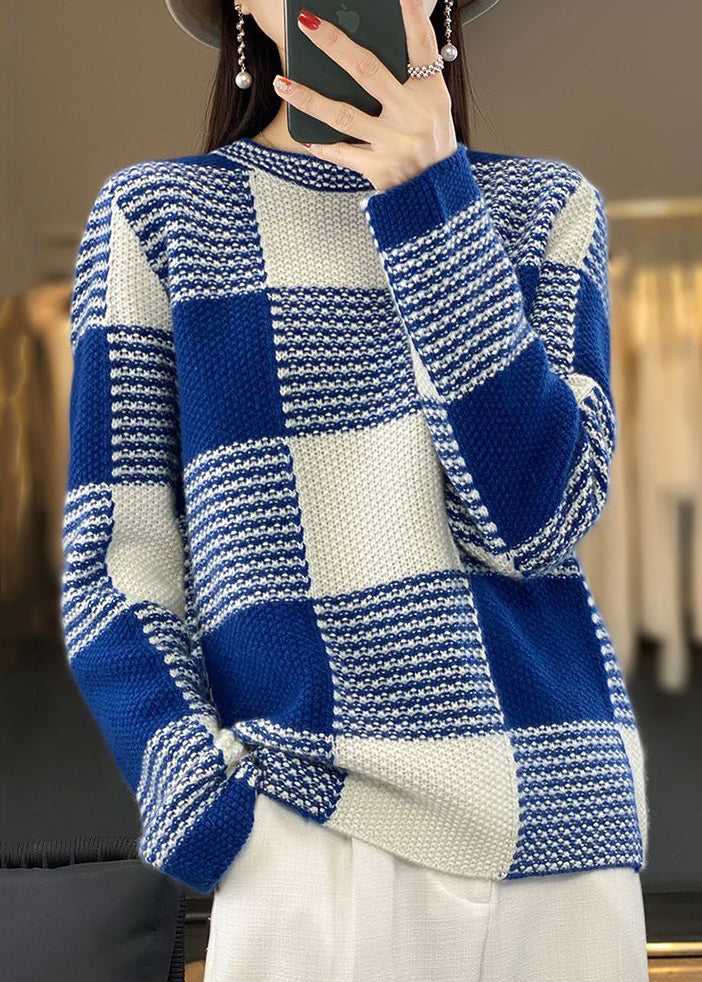 Grey Plaid O Neck Cozy Sweaters Long Sleeve