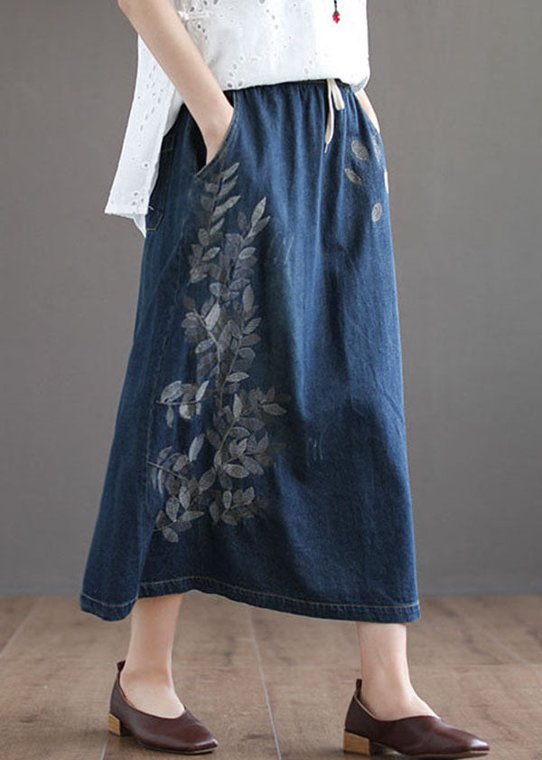 Dark Blue Pockets Cotton Denim Skirt Elastic Waist Ripped Cozy