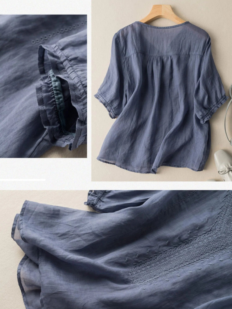 Color V Neck Short Sleeve Linen Top
