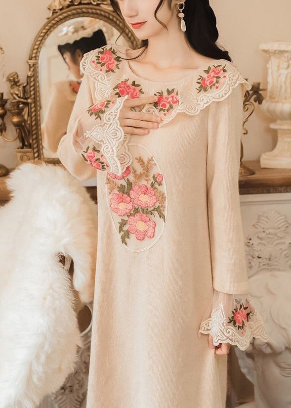 Modern Apricot Embroidered Patchwork Tulle Knit Long Sweater Spring