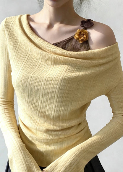 Art Yellow False Two Pieces Patchwork Knitting Cotton T Shirt Flare Sleeve