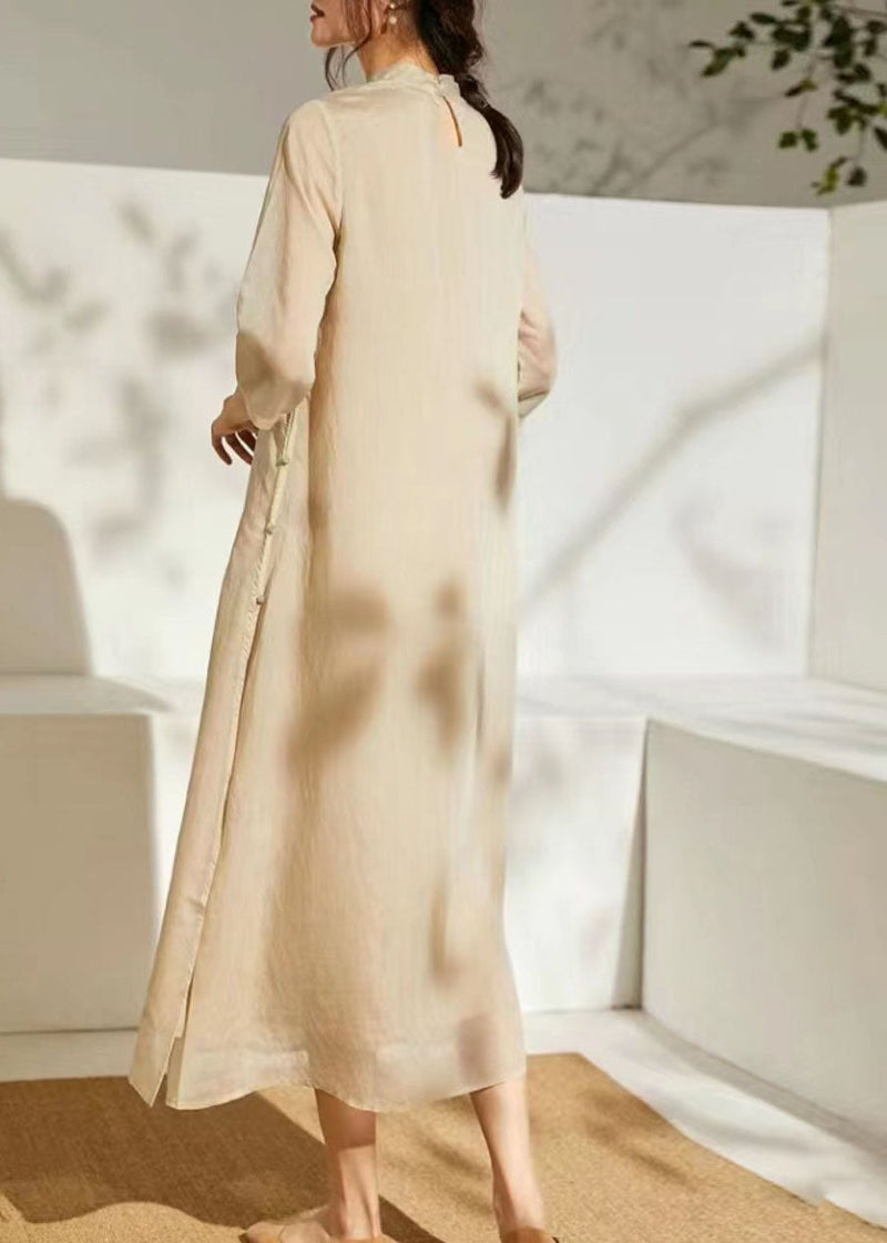Chinese Style Apricot Stand Collar Embroidered Patchwork Silk Dress Summer