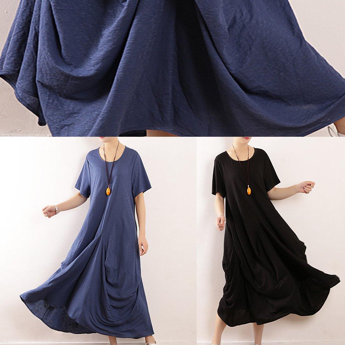 French Black Linen Quilting Dresses Fitted Sleeve Big Hem a Line Summer Dress