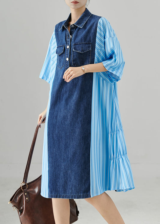 Blue Oversized Patchwork Striped Denim Dresses Summer