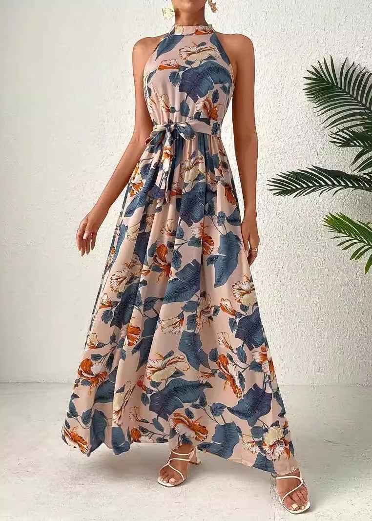 Blue Cold Shoulder Print Lace Up Cotton Dress Sleeveless