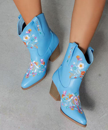 Stylish Blue Chunky Faux Leather Ankle Boots Embossed