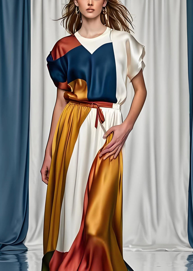 Boutique Colorblock O Neck Tops and Skirts Silk Two Pieces Set Summer