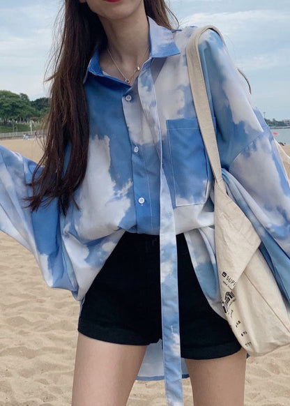 Blue Tie Dye Button Patchwork Cotton Shirt Top Fall