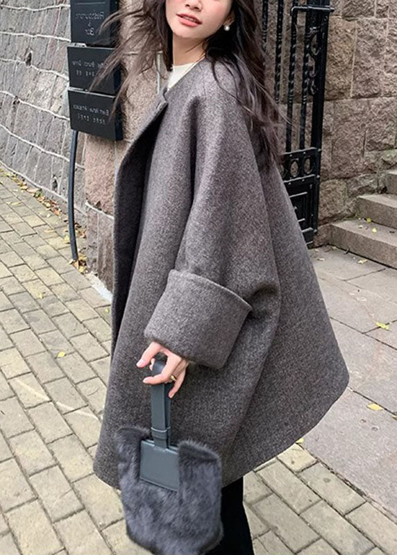 Natural Grey O-neck Button Woolen Mid Coats Fall