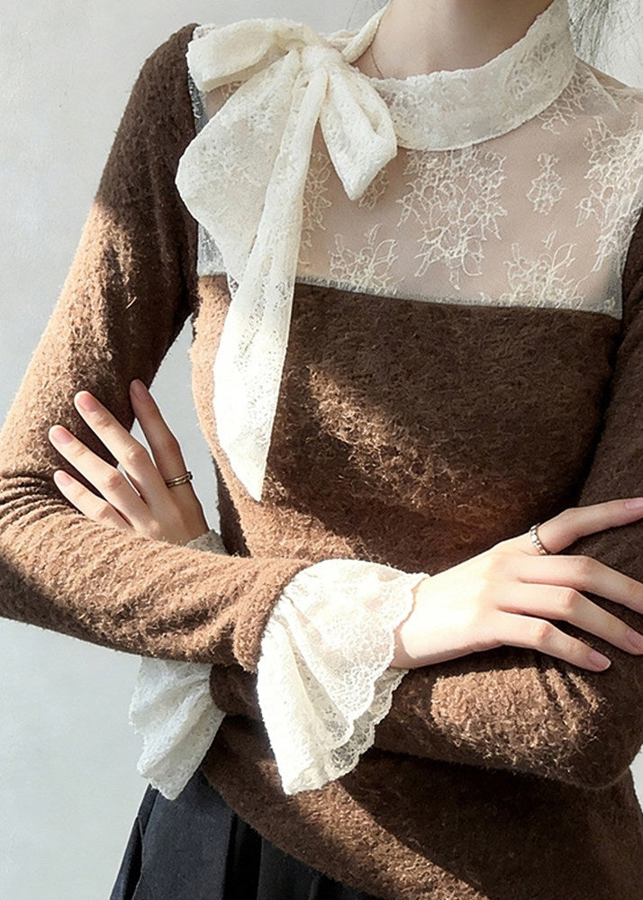 Brown Lace Up Lace Patchwork T Shirt Flare Sleeve