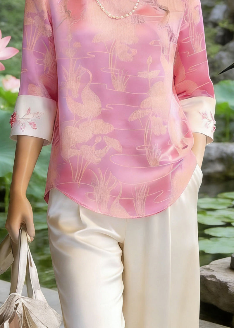 Chinese Style Pink O-neck Print Silk T Shirt Three Quarter Sleeve