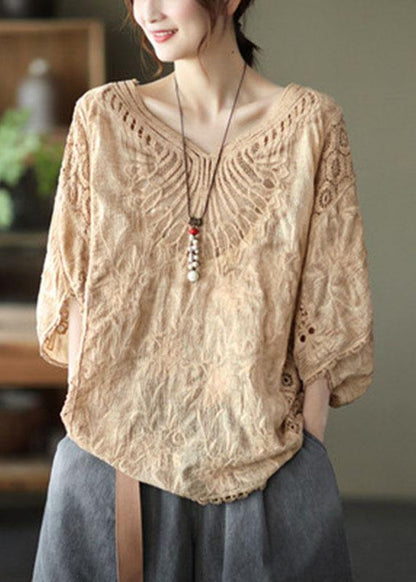 Khaki Cotton V Neck Embroideried Hollow Out Summer Blouses