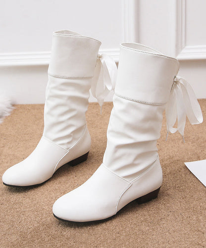 European and American Style White Chunky Lace Up Splicing Boots