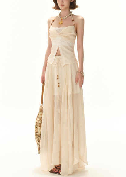 Apricot Lace Tops and Skirts Patchwork Two Pieces Set Sleeveless