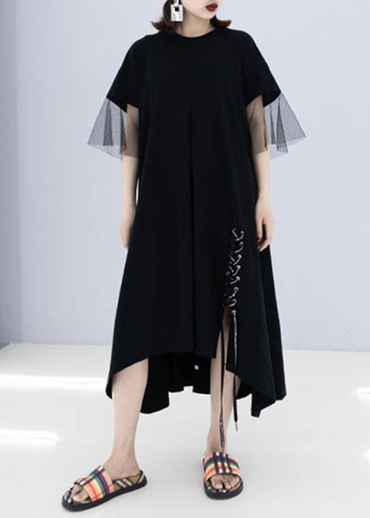 French Black Cotton Wardrobes Side Open Drawstring Cotton Robes Summer Dresses