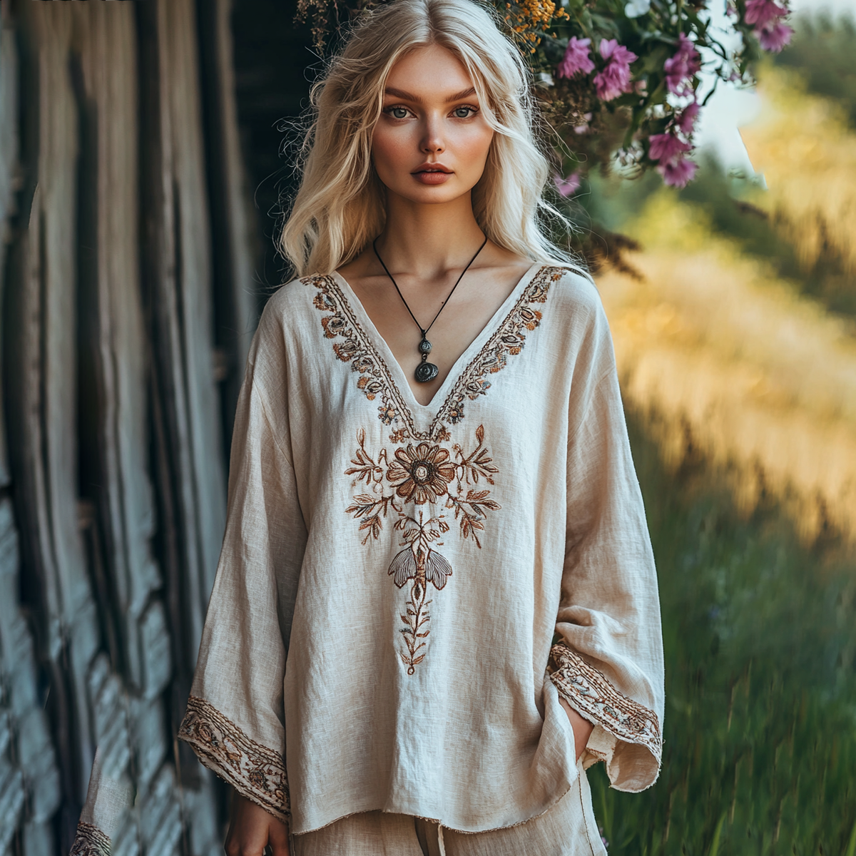 Vintage Bohemian Floral Art Cozy Linen Shirt elevenforest