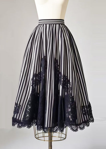 Black Striped Patchwork Lace Exra Large Hem Skirt Summer