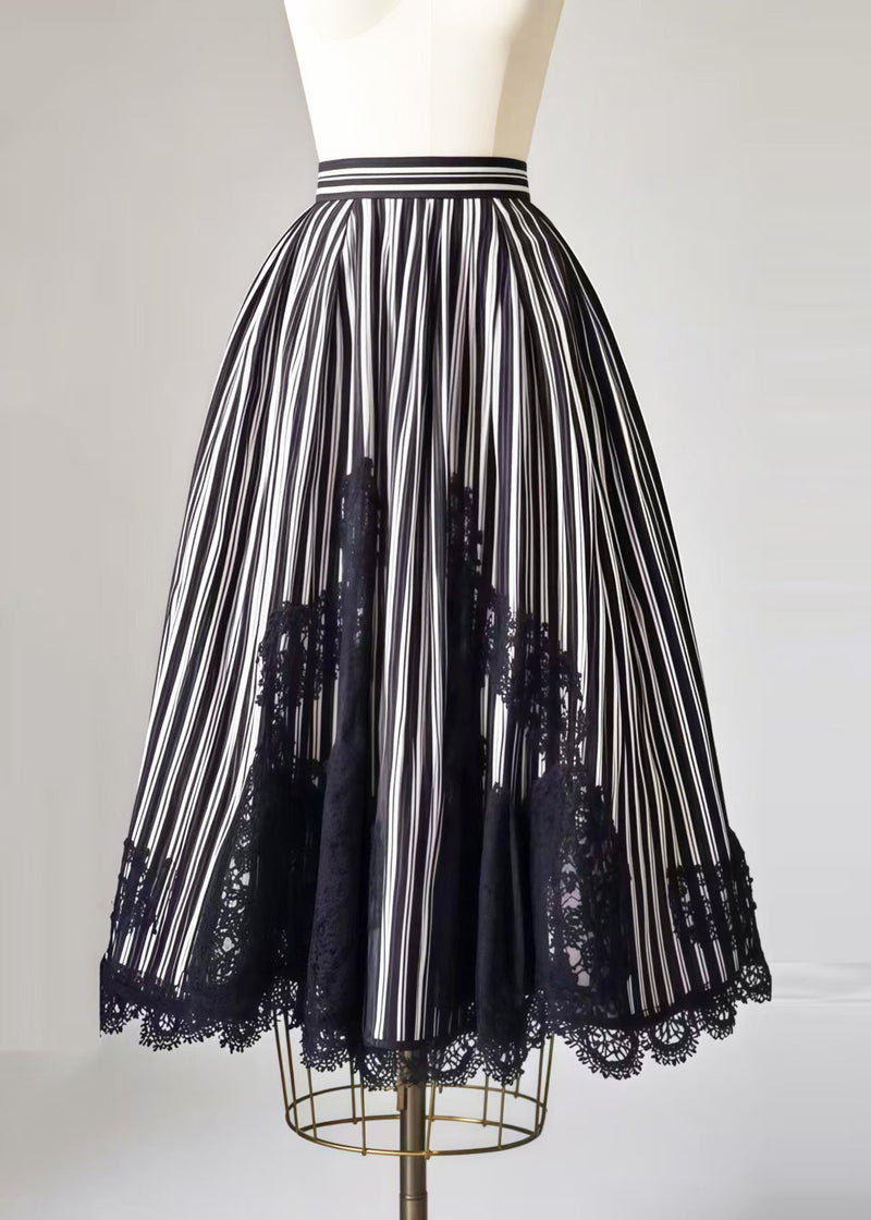 Black Striped Patchwork Lace Exra Large Hem Skirt Summer