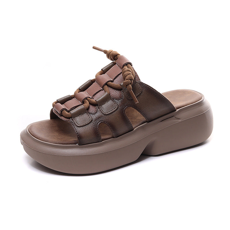 Retro Leather Wedge Slippers