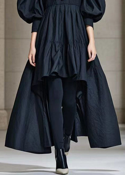 Black Puff Sleeve Low High Design Cotton Maxi Dress