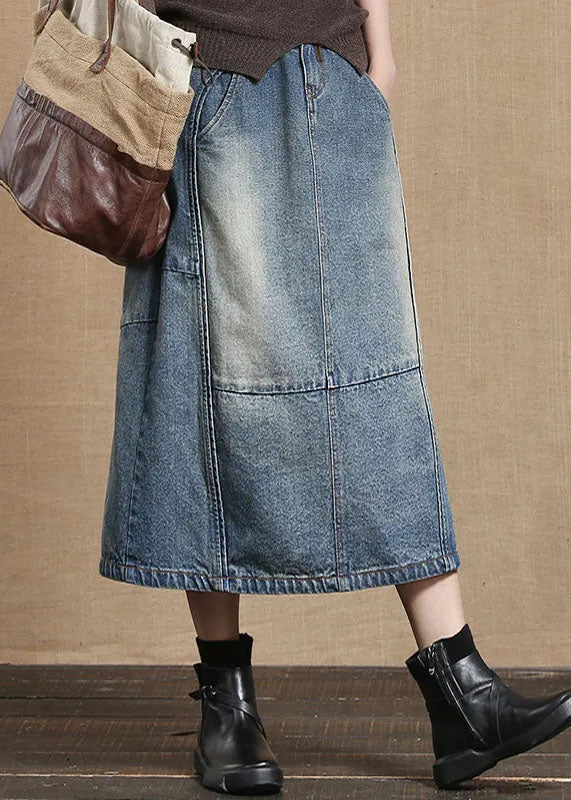 Unique Light Blue Elastic Waist Pockets Cotton Denim Skirt Cozy