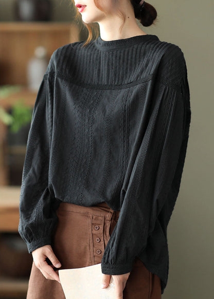 Black Hollow Out Wrinkled Cotton Shirt Top Spring