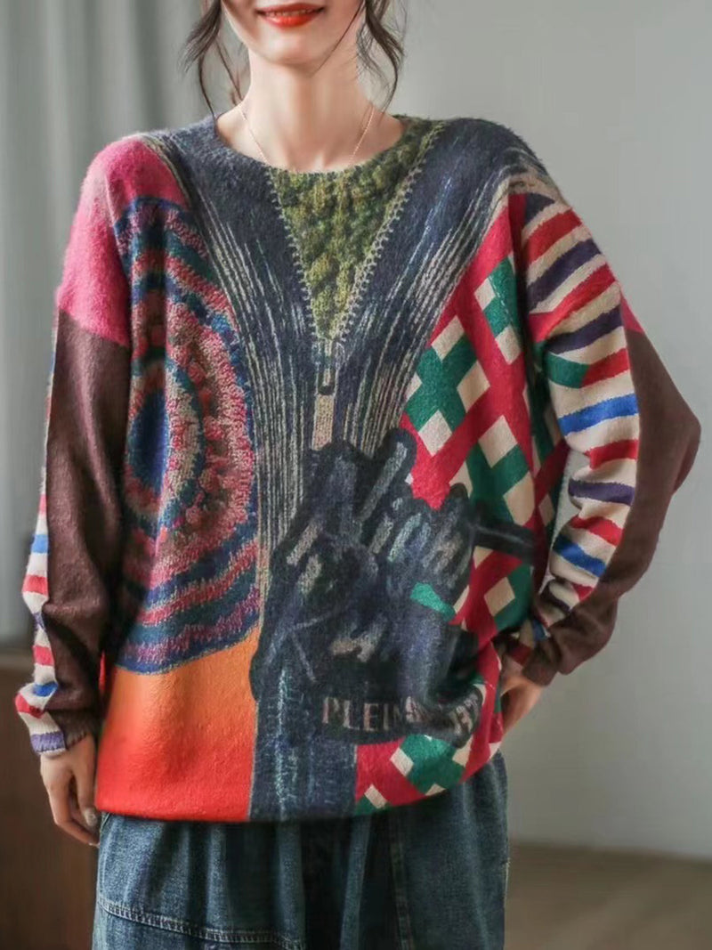 Print O-neck Long Sleeve Sweater