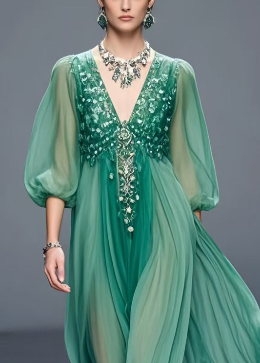 Tea Green V Neck Chiffon Holiday Dress Bracelet Sleeve