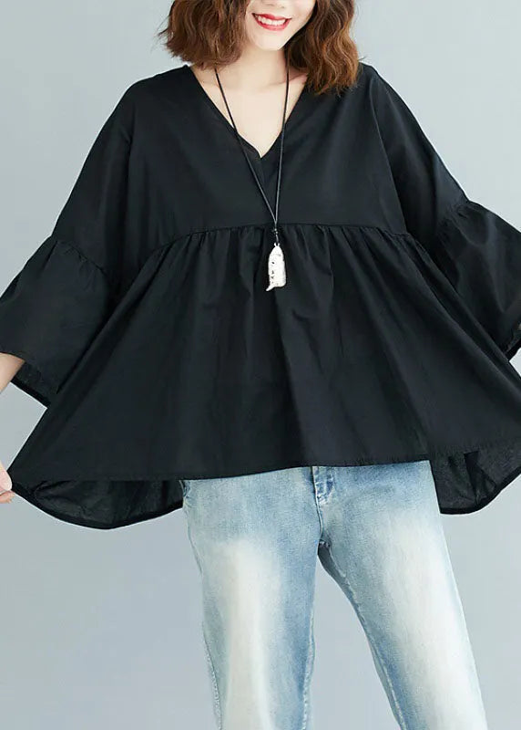 Green V Neck Patchwork Asymmetrical Design Fall Top Three Quarter Sleeve