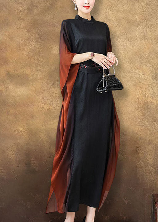 Black Stand Collar Sashes Silk Vacation Dresses Batwing Sleeve