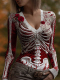 Comstylish Classy Skeleton Bloody Roses V Neck Comfy Sweater