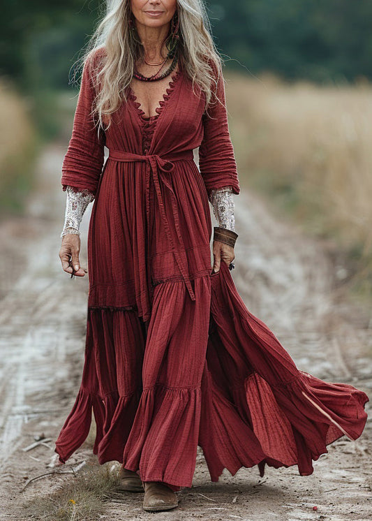 Red V Neck Wrinkled Patchwork Cotton Dresses Spring