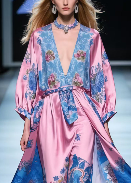 Rose V Neck Print Silk Maxi Dresses Spring