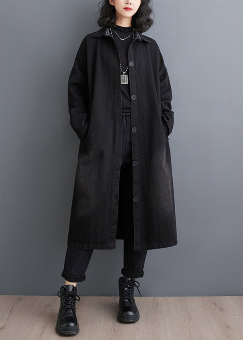Black Pockets Patchwork Denim Trench Coats Fall