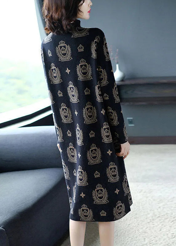 Black High Neck Print Pockets Knit Sweater Dress Long Sleeve