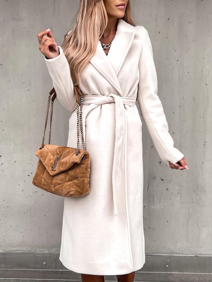 Coats Simple Lapel Belted Long Sleeve Woolen Coat