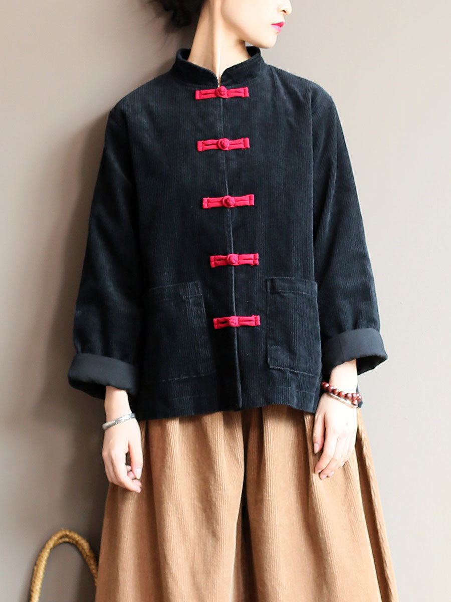 Winter Chinese Style Frog Corduroy Pocket Coat