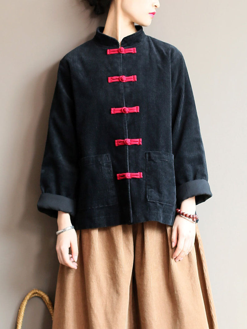 Winter Chinese Style Frog Corduroy Pocket Coat
